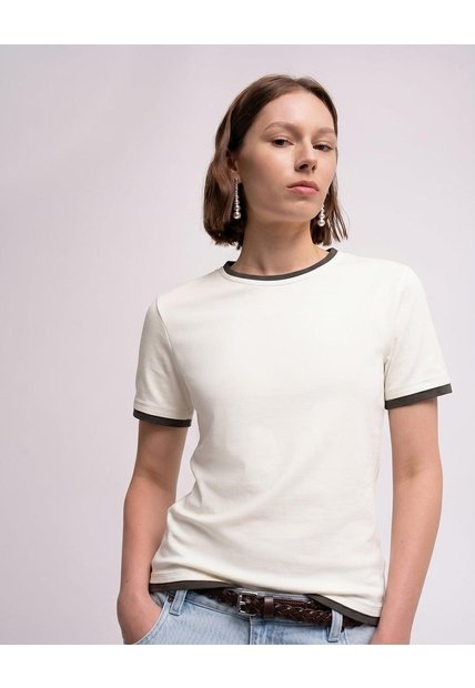 Camiseta Slim Tejido De Punto Crema Mujer Beige