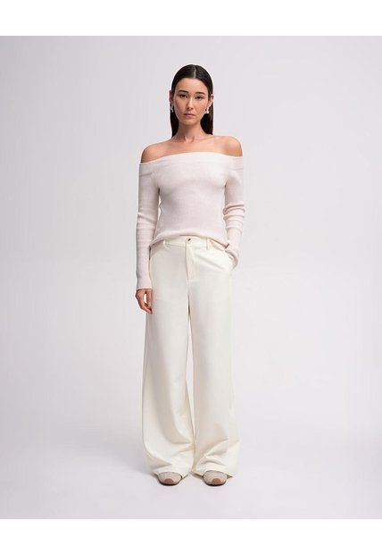 Pantalón Recto Tiro Alto Crema Mujer Beige