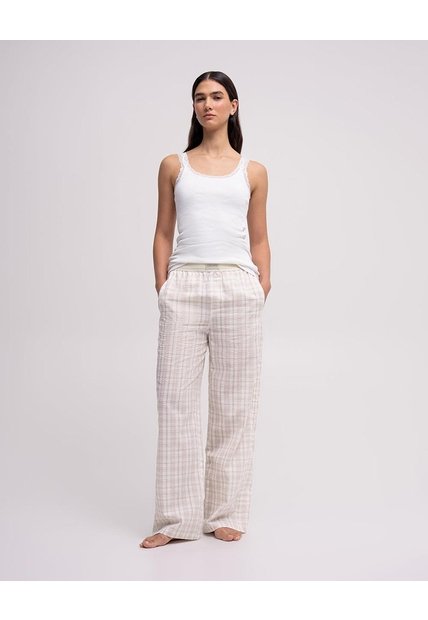 Pantalón De Pijama Mujer Tiro Alto Cuadros Beige