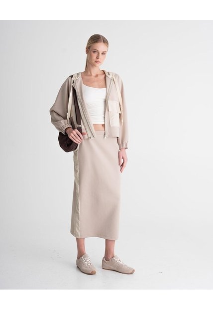 Falda Midi Confort Tiro Medio Tacto Suave Caqui Mujer Beige