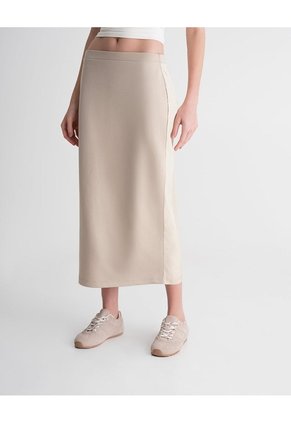 Falda Midi Confort Tiro Medio Tacto Suave Caqui Mujer Beige