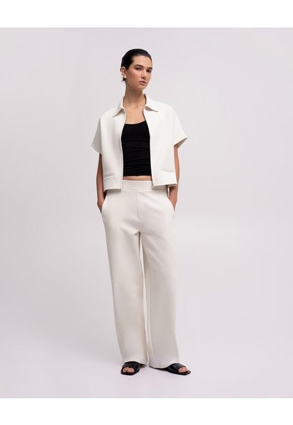 Pantalón Confort Wide Leg Tiro Medio Habano Mujer Beige