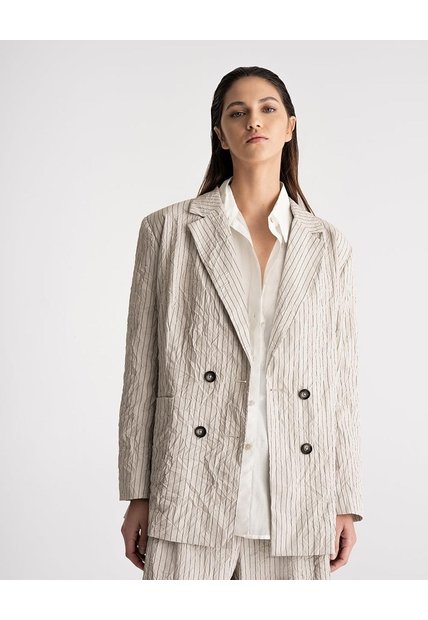 Blazer Oversize Efecto Arrugado Rayas Mujer Beige