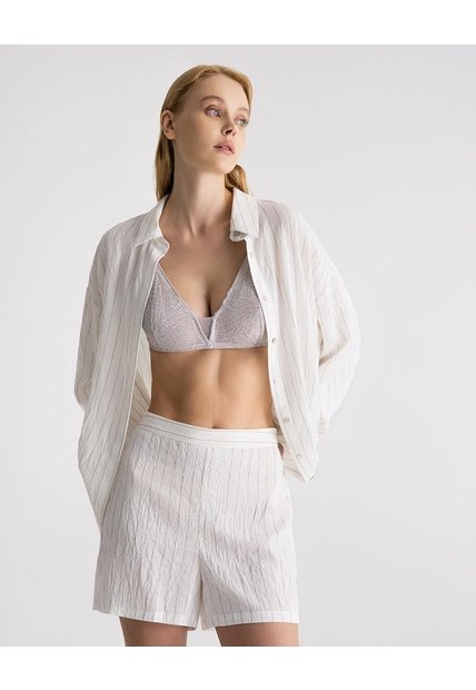 Short De Pijama Efecto Arrugado Rayas Mujer Beige