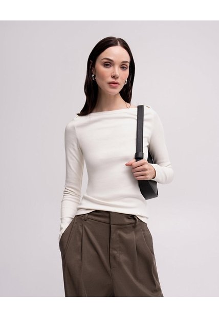 Camiseta Cuello Bandeja Manga Larga Habana Mujer Beige