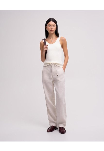 Pantalón Recto Tiro Alto Lino Habano Mujer Beige