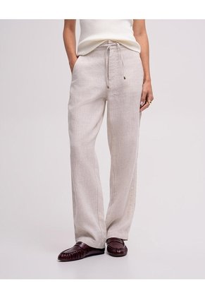 Pantalón Recto Tiro Alto Lino Habano Mujer Beige