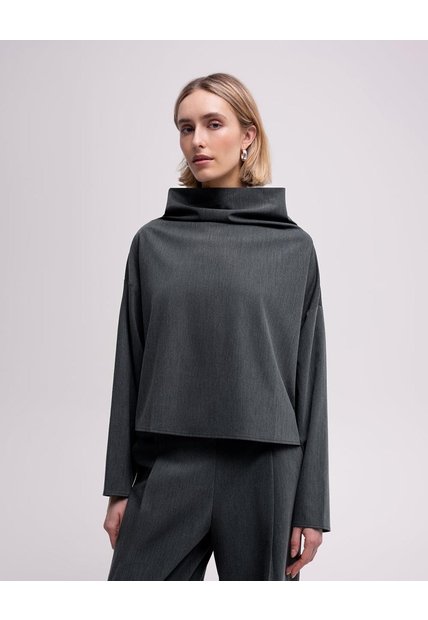 Camisa Manga Larga Oversize Cuello Alto Gris Mujer Gris