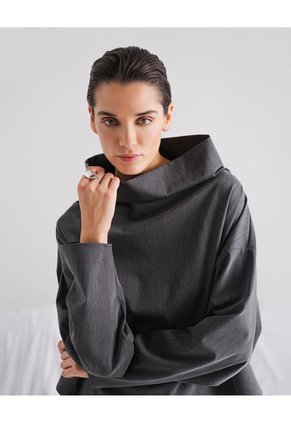 Camisa Manga Larga Oversize Cuello Alto Gris Mujer Gris