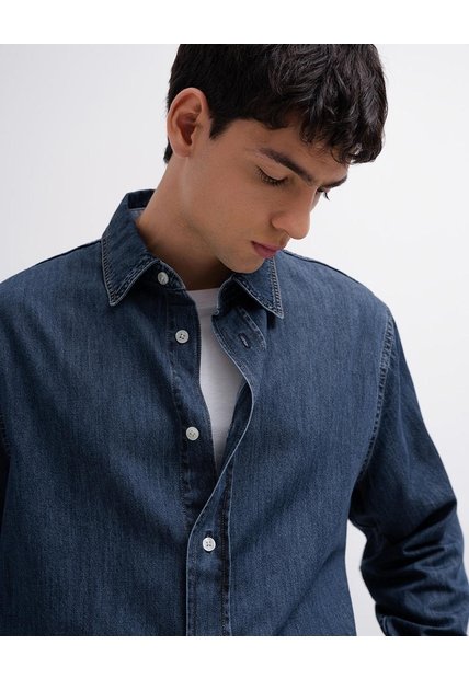 Camisa Manga Larga Regular Algodón índigo Medio Hombre Azul Oscuro