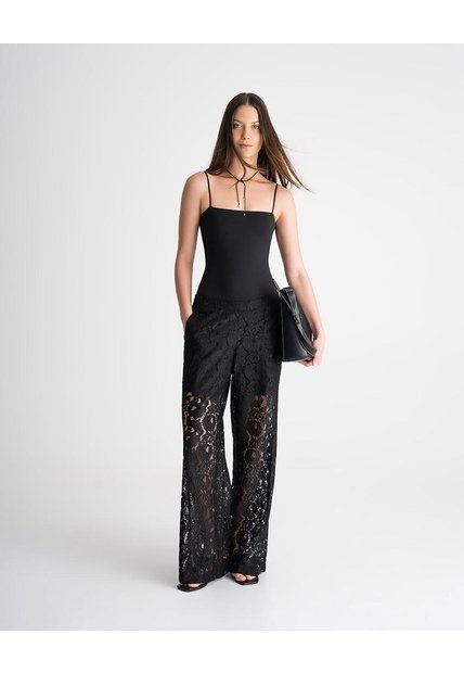 Pantalón Tiro Alto Encaje Negro Mujer Negro
