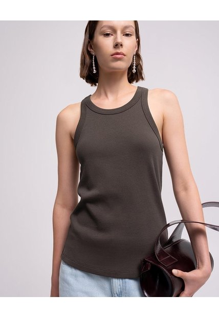 Camiseta Esqueleto Regular Rib Algodón Café Mujer Cafe
