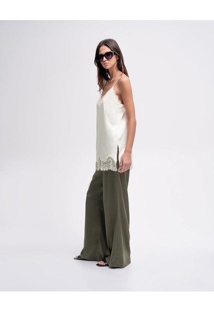 Pantalón Tiro Alto Tipo Satín Verde Mujer Verde