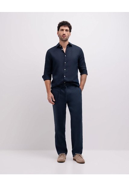 Pantalón Regular Tiro Medio Lino Azul Hombre Azul