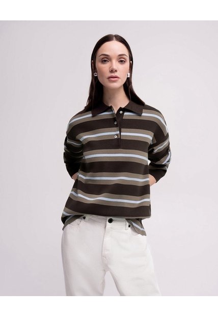 Camibuso Tipo Polo Algodón Rayas Mujer Cafe