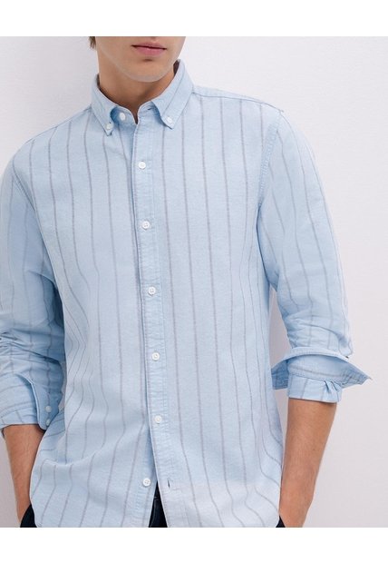 Camisa Manga Larga Regular Rayas Hombre Azul
