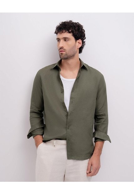 Camisa Manga Larga Regular Lino Verde Hombre Verde