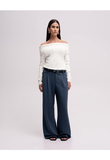 Pantalón Confort Wide Leg Tiro Alto Azul Mujer Azul