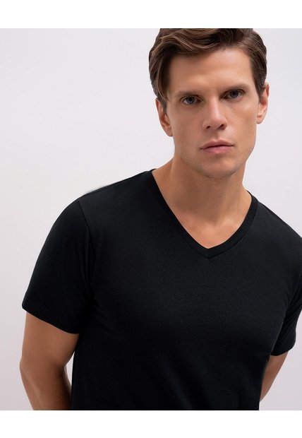 Camiseta Slim Cuello En V Negra Hombre Negro