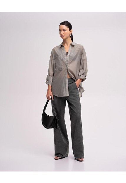 Pantalón Straight Leg Pinstripes Tiro Alto Gris Mujer Gris