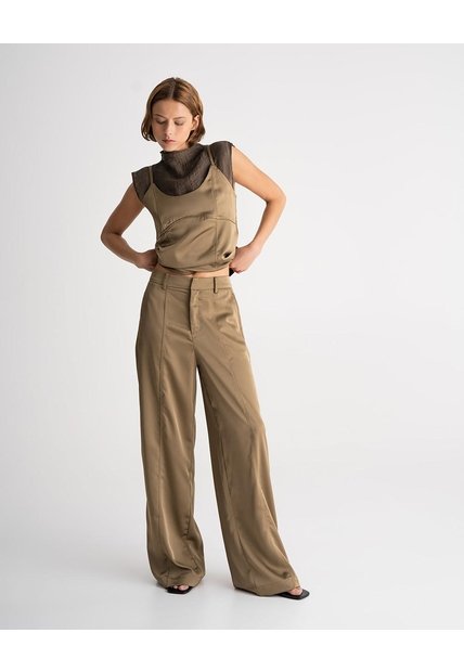 Pantalón Wide Leg Tiro Alto Satín Café Mujer Cafe