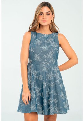 Vestido Denim Bordado Azul Ragged Pf21510019