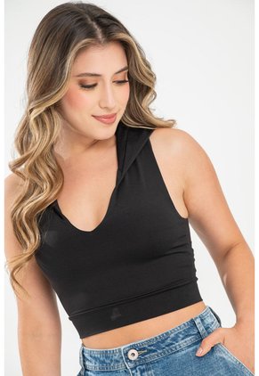 Crop Top Capucha Negro Ragged Pf31122311