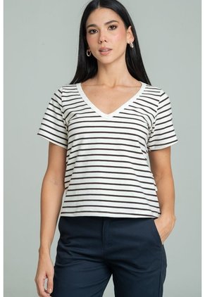 Camiseta Rayas Escote V Blanco Ragged Pf21120141