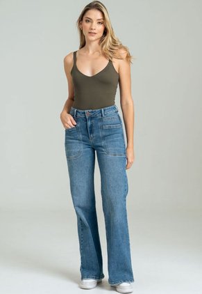 Jean Wide Leg Bolsillo Parche Azul Ragged Pf21350020