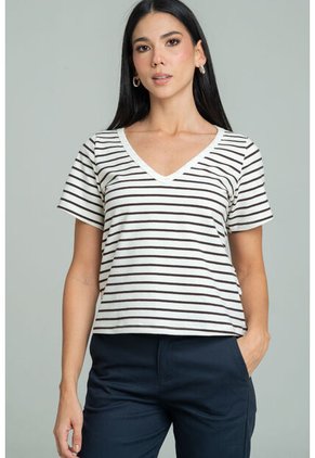 Camiseta Rayas Escote V Blanco Ragged Pf21120141