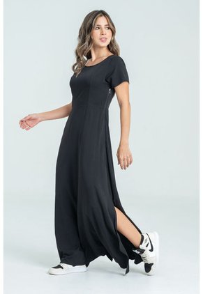 Vestido Largo Manga Corta Negro Ragged Pf31511336