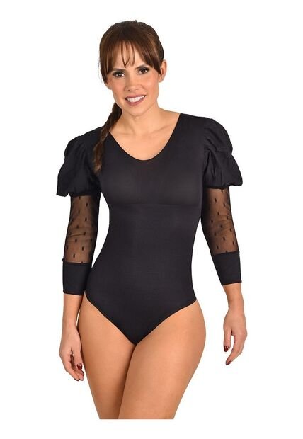 Body Faja Control Mujer Ritchi Escote Redondo Manga 3/4 Transparencia En Blonda