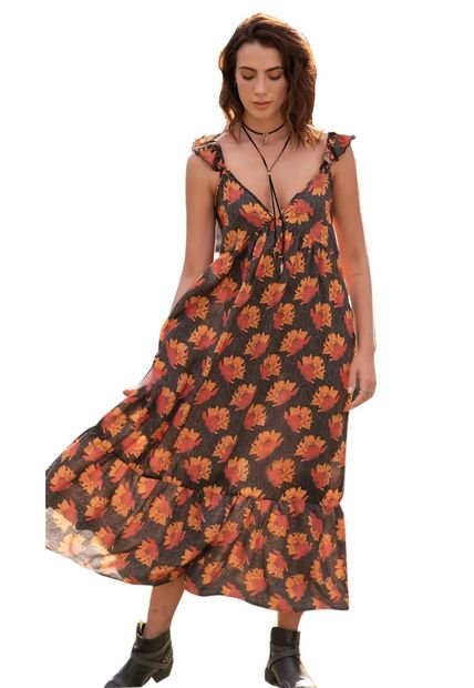 Vestido Largo Para Mujer Estampado Flores Fondo Negro Rutta