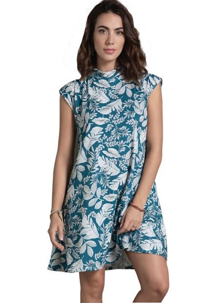 Vestido Corto Para Mujer Estampado Hojas Azul Petroleo Rutta