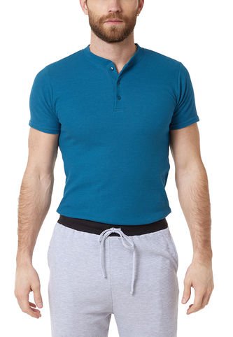 Camiseta Hombre Manga Corta Azul Petróleo  Henley Santana Santana
