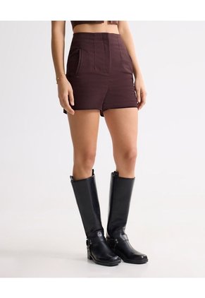 Short Tejido Plano Con Pinzas  Para Mujer Café Seven Seven