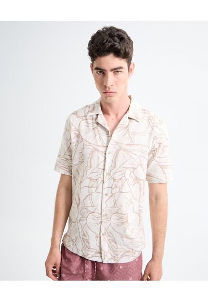 Camisa Resort Estampado De Hojas  Para Hombre Rosa Seven Seven
