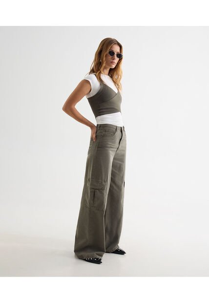 Jean Cargo Verde Oliva  Para Mujer Gris Seven Seven