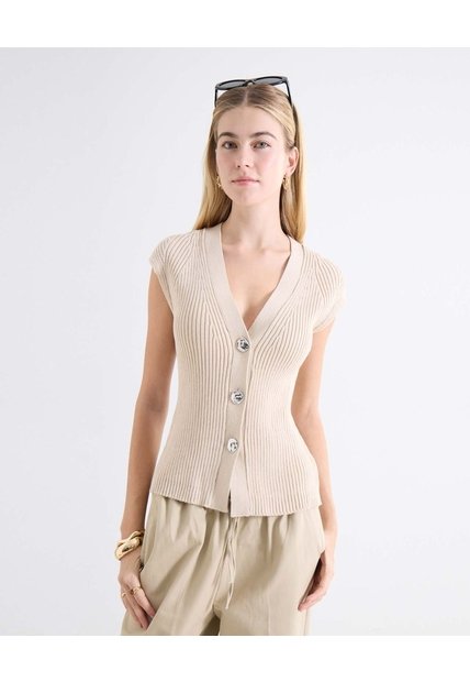 Chaleco Tejido Cuello V  Para Mujer Beige Seven Seven