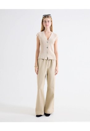 Chaleco Tejido Cuello V  Para Mujer Beige Seven Seven
