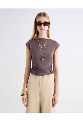 Camiseta Escote Ojal Recogidos Laterales  Para Mujer Café Seven Seven Seven Seven