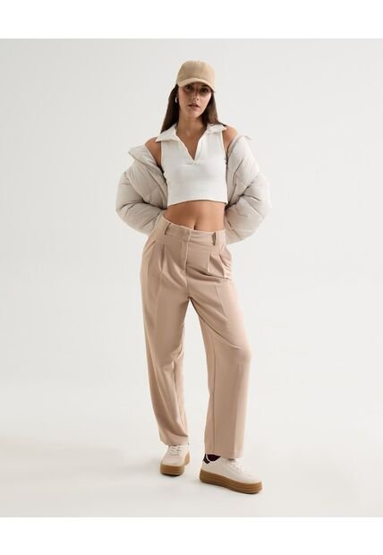 Pantalón Recto Con Pinzas  Para Mujer Beige Seven Seven