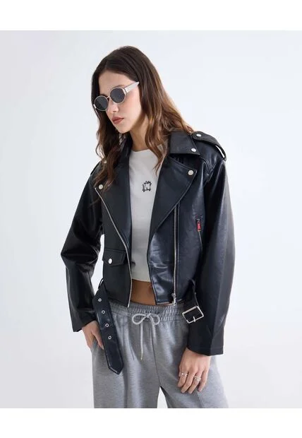 Chaqueta Biker De Cuero Sintético  Para Mujer Negro Seven Seven