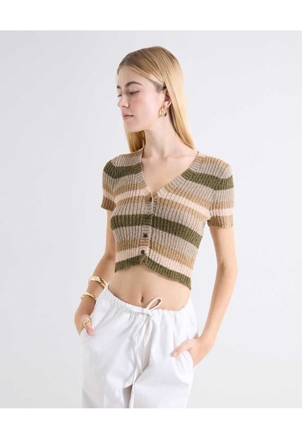Camiseta Acanalada Cuello V  Para Mujer Verde Seven Seven