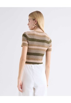 Camiseta Acanalada Cuello V  Para Mujer Verde Seven Seven