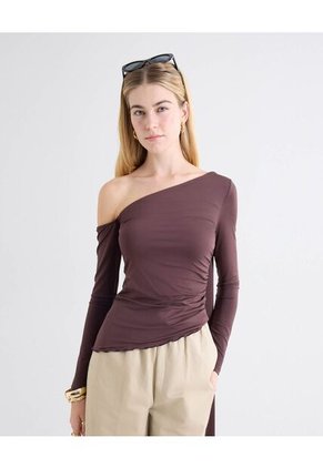 Camiseta Hombro Descubierto Bufanda Para Mujer Café Seven Seven