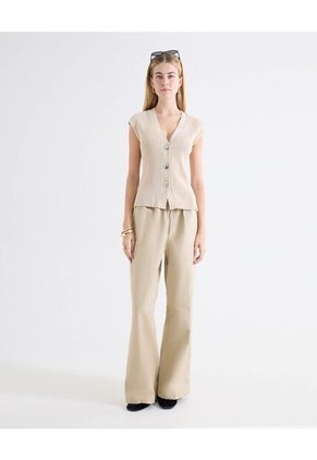Chaleco Tejido Cuello V Para Mujer Beige Seven Seven