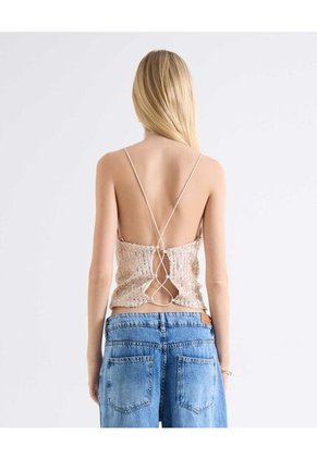 Camiseta Halter Espalda Abierta Para Mujer Beige Seven Seven