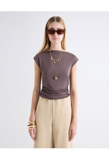 Camiseta Escote Ojal Recogidos Laterales  Para Mujer Café Seven Seven