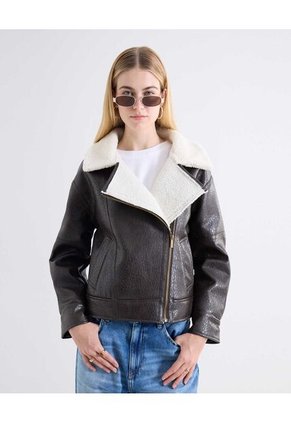 Chaqueta Efecto Cuero Borrego Para Mujer Negro Seven Seven
